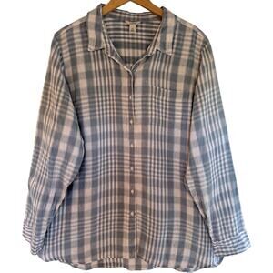 L.L.Bean Plaid Button Up Shirt Womens 2X Blue White Long Sleeve